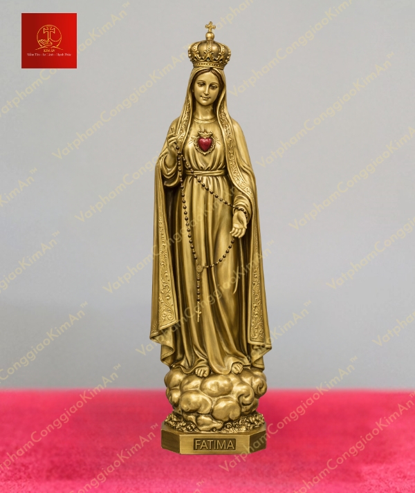 Tượng đức mẹ Fatima Bình Triệu với trái tim vô nhiễm rực đỏ, hai tay cầm tràng hạt Mân Côi chất liệu đồng cao 30cm