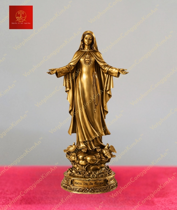 Tượng đức mẹ Fatima Bồ Đào Nha hai tay ban ơn chất liệu đồng mạ vàng cao 30cm
