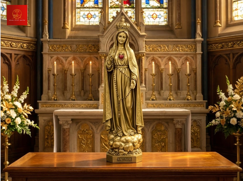 Tượng Đức Mẹ Fatima đồng cổ điển cao 15cm mang vẻ đẹp trầm mặc