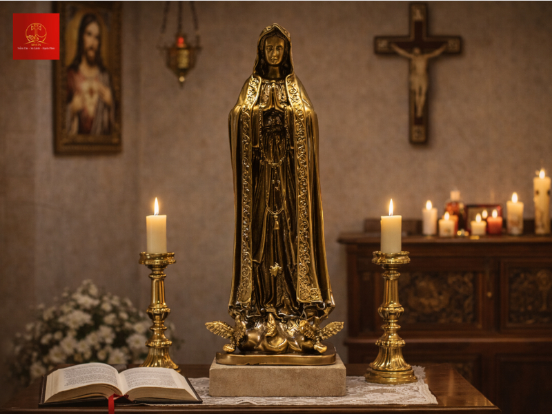 Tượng Đức Mẹ Fatima đồng cổ điển 15cm mang vẻ đẹp trầm lắng