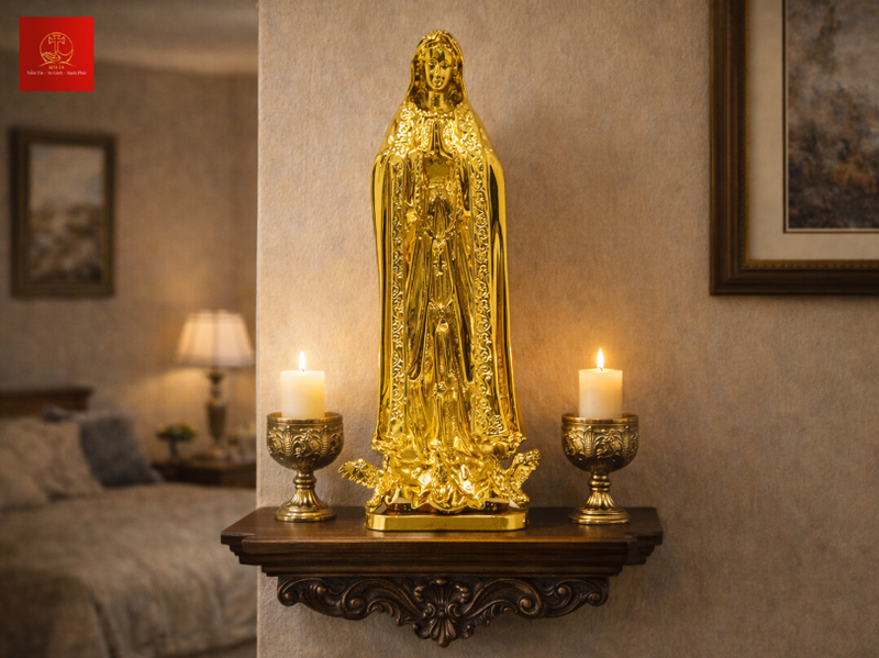 Tượng Đức Mẹ Fatima đồng vàng Gold 15cm nâng tầm thẩm mỹ không gian thờ