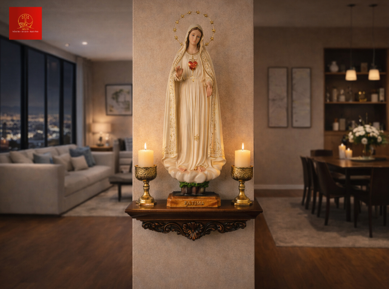 Tượng Đức Mẹ Fatima giả cổ mắt pha lê tạo chiều sâu cảm xúc