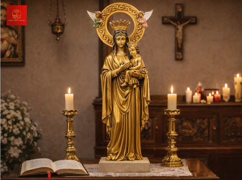 Tượng Đức Mẹ Hằng Cứu Giúp đặt tại bàn thờ gia đình phụng tự