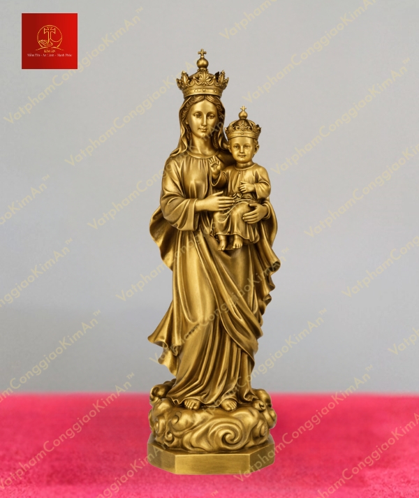 Tượng đức mẹ La Vang đội vương miện bế Chúa Hài Đồng chất liệu đồng mạ vàng cao 40cm