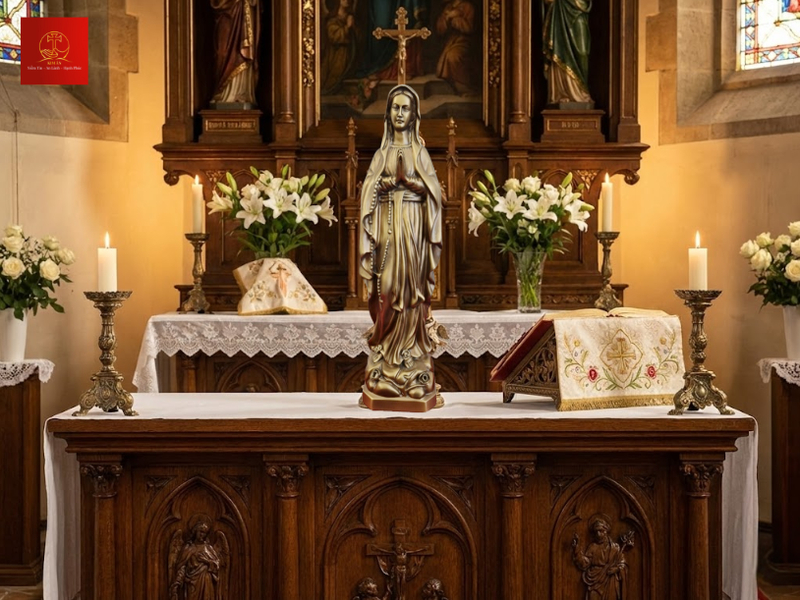 Tượng Đức Mẹ Lộ Đức bằng đồng cao 30cm màu cổ điển trang nghiêm