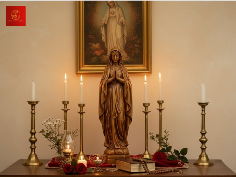 Tượng Đức Mẹ Mân Côi đồng trầm ấm giúp không gian thờ trang nghiêm