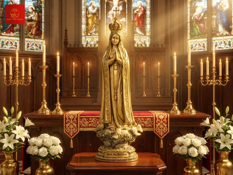 Tượng Đức Mẹ Mân Côi vàng kích thước lớn tôn không gian nhà thờ