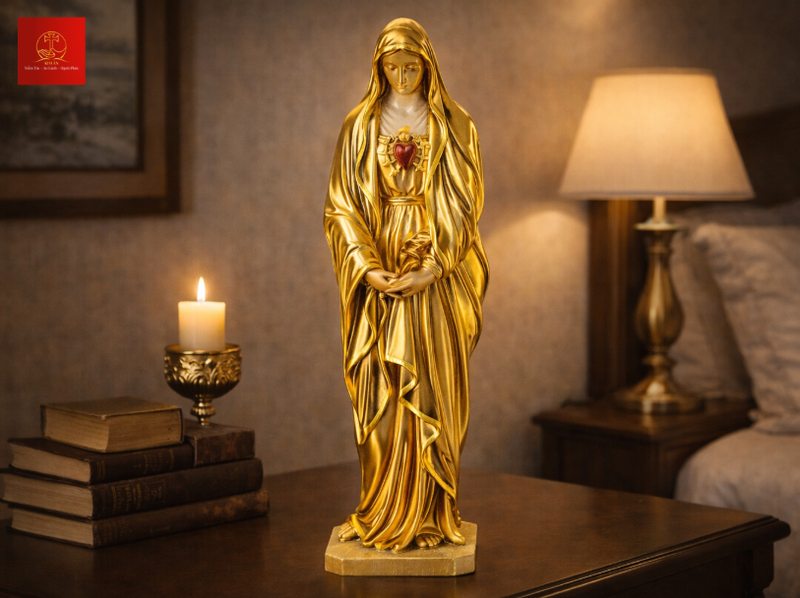 Tượng Đức Mẹ Sầu Bi vàng gold tạo điểm nhấn trang nghiêm không gian thờ