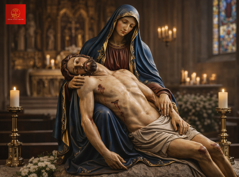 Tượng Đức Mẹ Sầu Bi nhà thờ thể hiện hình Chúa sống động đầy đủ