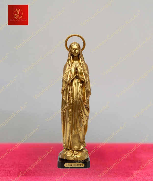 Tượng mẹ Lộ Đức với vầng hào quang phát sáng, tay mang chuỗi Mân Côi chất liệu đồng mạ vàng cao 25cm