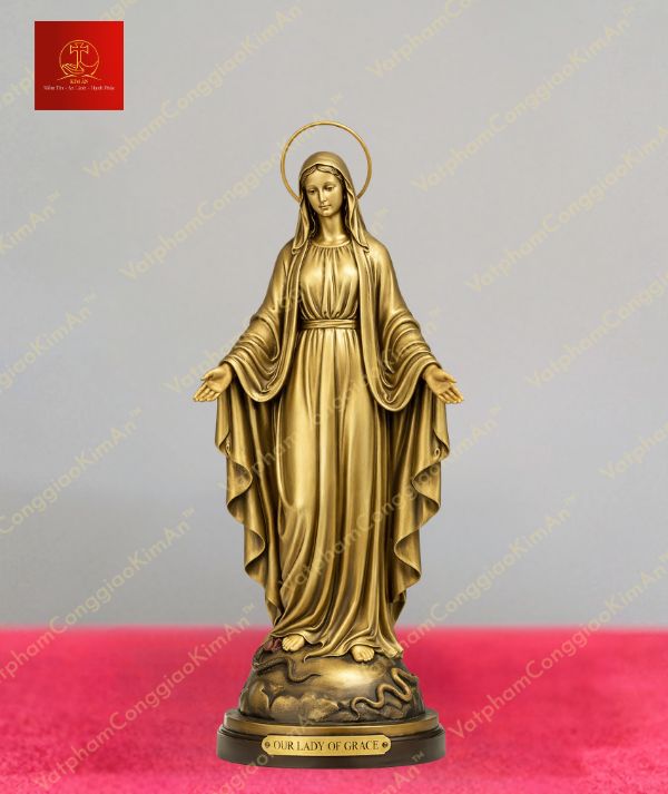 Tượng Mẹ Fatima 2 Tay Ban Ơn Có Vòng Hào Quang Bằng Đồng Màu Vàng Cao 35cm