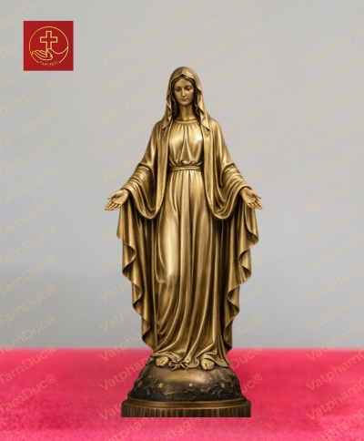 Tượng Mẹ Fatima 2 Tay Dang Ra Ban Ơn Bằng Đồng Màu Vàng Cao 30cm