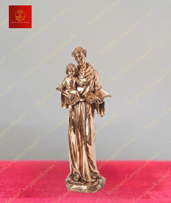 Tượng thánh Anton đồng đánh bóng màu giả cổ cầm Kinh thánh chất liệu đồng cao 40cm