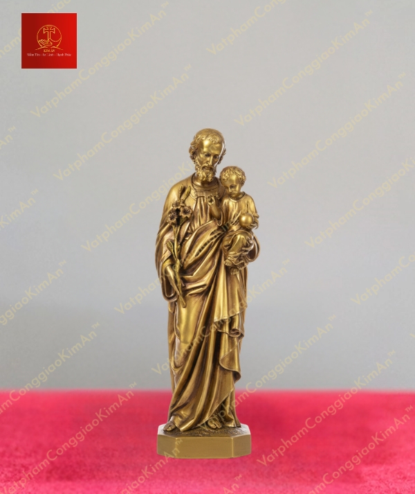 Tượng Thánh Giuse tay bế Chúa Hài Đồng kèm đế nâng chất liệu đồng nguyên chất cao 20cm