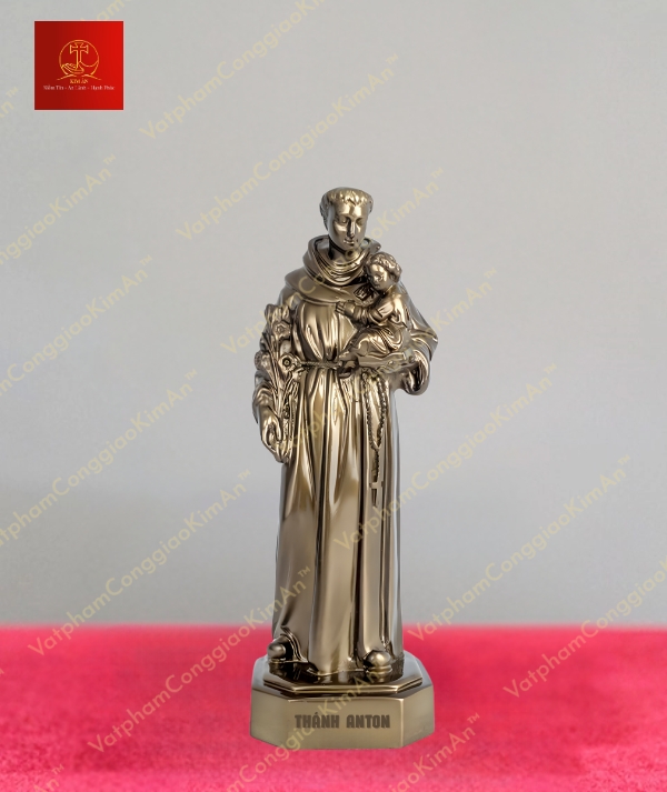 Tượng thánh Anton mạ bóng cầm hoa huệ chất liệu đồng cao 30cm