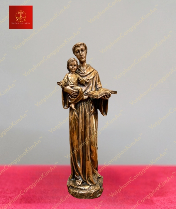 Tượng Thánh Anton tay bế Chúa, tay cầm Thánh Kinh chất liệu đồng cao 50cm