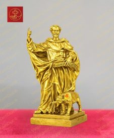 Tượng Thánh Đa Minh với chú chó nhỏ và ngọn đuốc chất liệu đồng mạ vàng gold 24K cao 20cm