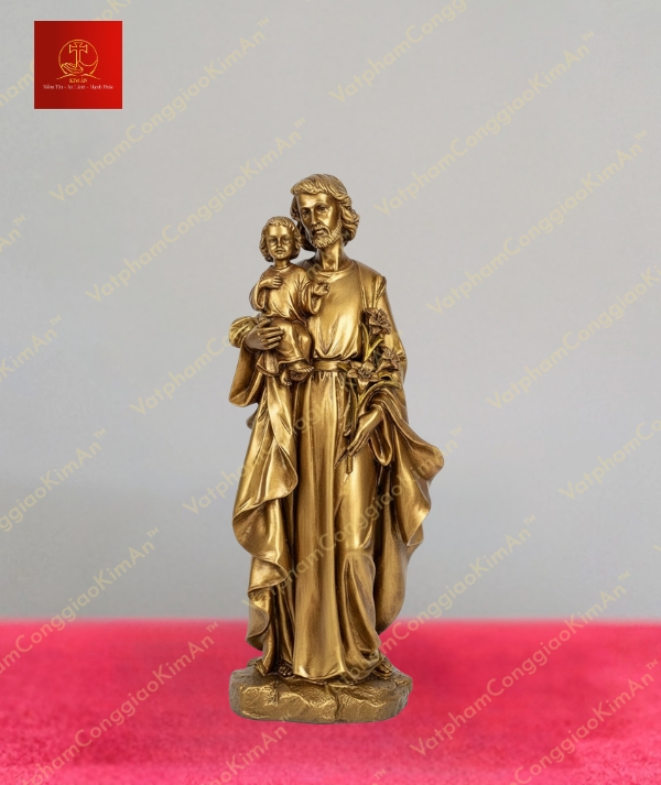 Tượng Thánh Giuse tay bế Chúa Hài Đồng, tay cầm hoa huệ chất liệu đồng cao 50cm