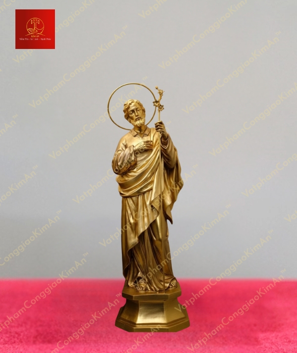 Tượng Thánh Giuse cùng cây gậy và bó hoa huệ chất liệu đồng cao 45cm
