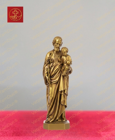 Tượng Thánh Giuse tay bế Chúa Hài Đồng kèm đế nâng chất liệu đồng nguyên chất cao 20cm
