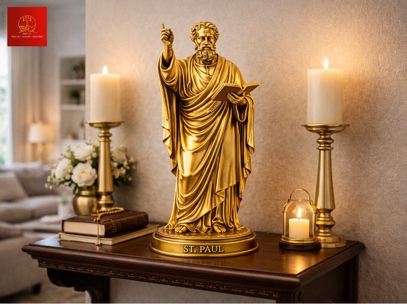 Tượng Thánh Phaolô giảng thuyết được tôn trí trên bệ trong phòng khách giúp nâng tầm giá trị nghệ thuật và ý nghĩa biểu tượng của tượng