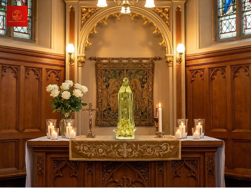 Tượng Đức Mẹ Fatima màu Gold Kim Ân mang vẻ đẹp sang trọng bền vững