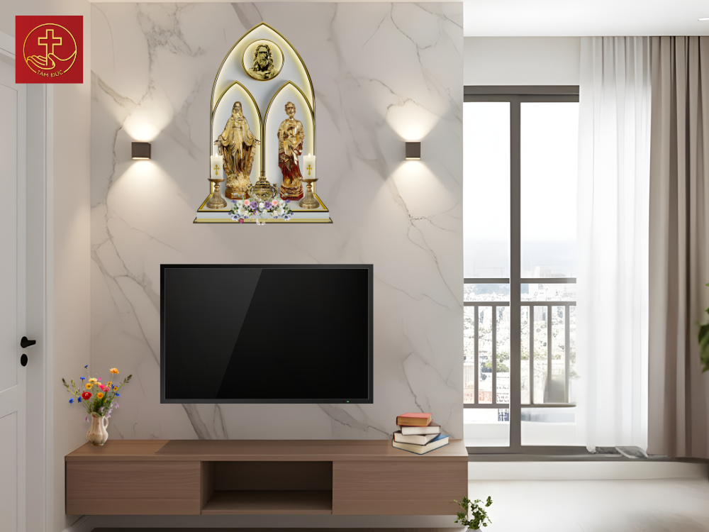 Bàn thờ đạo Công giáo treo tường 70cm bằng hợp kim cao cấp nhỏ gọn, mang lại vẻ đẹp linh thiêng cho không gian.