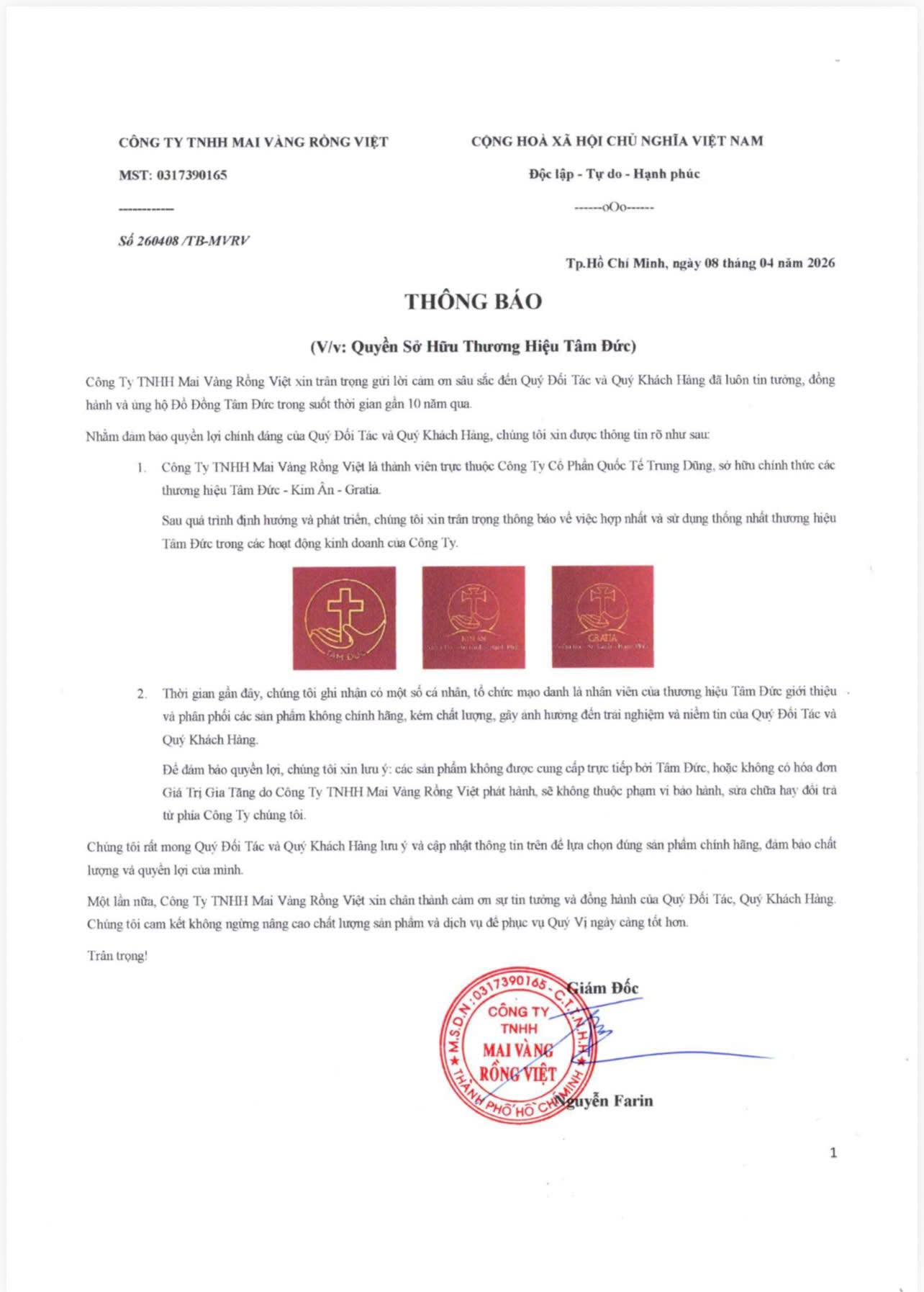 Thông báo về quyền sở hữu trí tuệ thương hiệu Tâm Đức