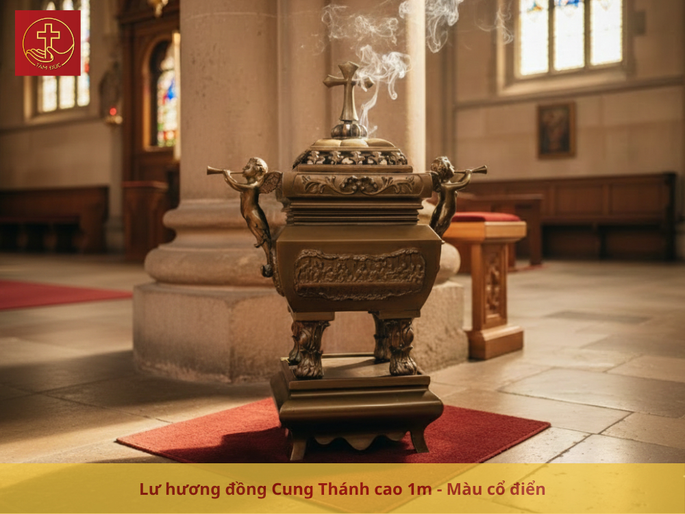 Kiệt tác lư hương đồng Cung Thánh cao 1m được đúc thủ công tỉ mỉ với các biểu tượng linh thiêng.