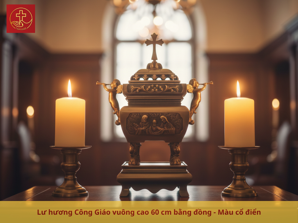 Lư hương Công giáo vuông cao 60cm sở hữu thiết kế bề thế dành cho các không gian lớn.