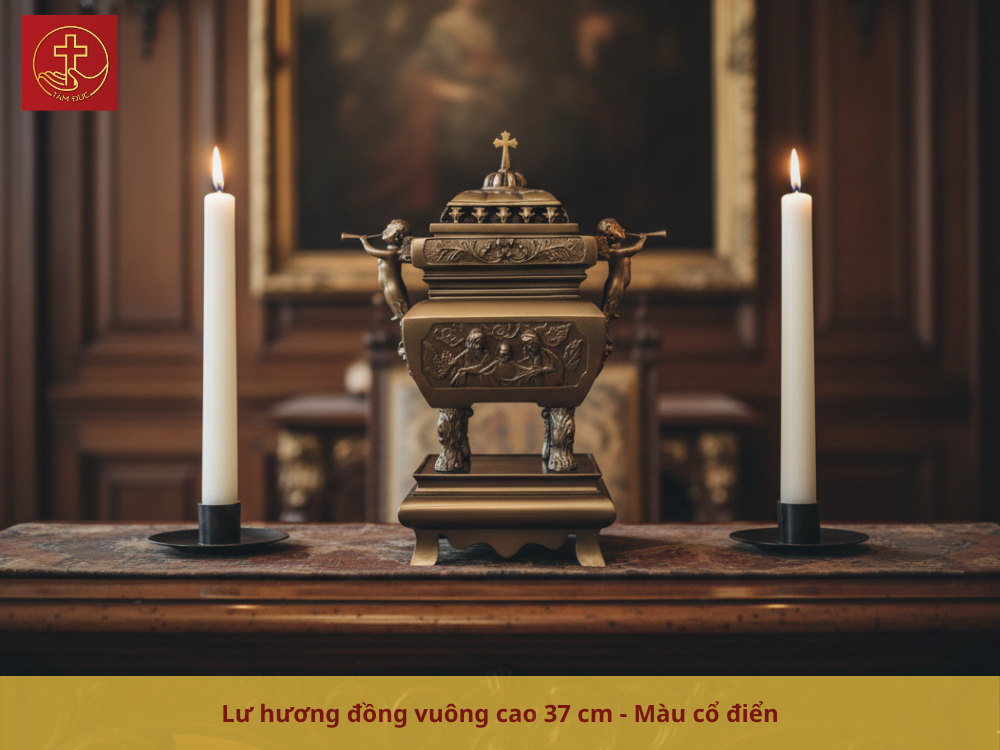 Lư hương đồng vuông cao 37cm màu cổ điển giúp nâng tầm thẩm mỹ cho bàn thờ gia đình.