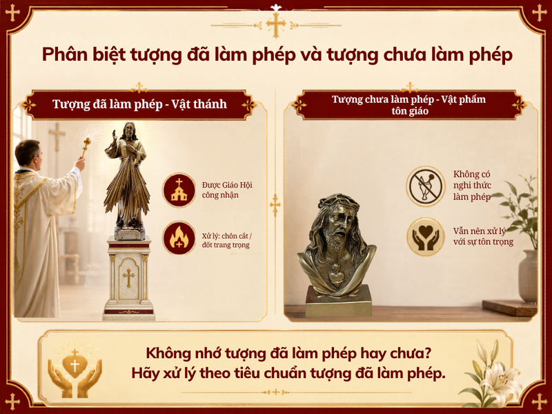 Nếu bạn không nhớ tượng của mình có được làm phép hay chưa, hãy xử lý theo tiêu chuẩn của tượng đã làm phép, đây là cách an toàn và thể hiện lòng kính trọng đúng mực nhất.