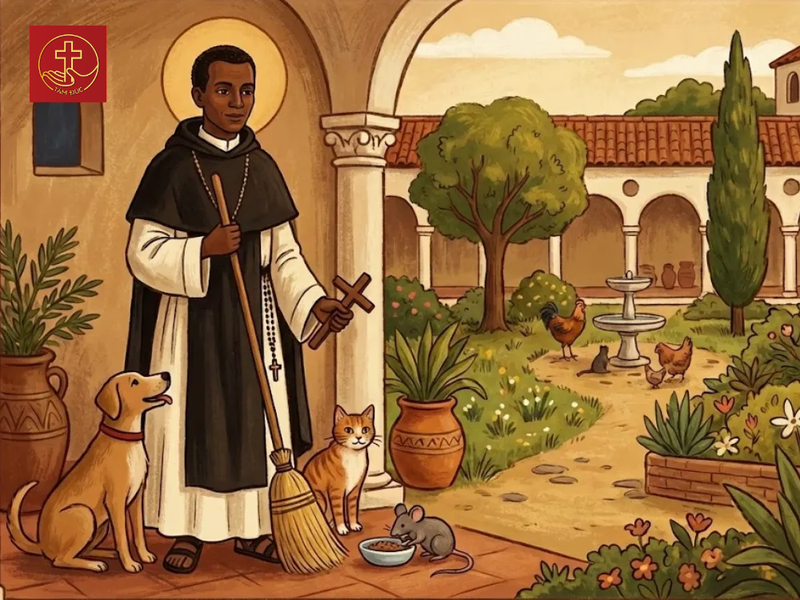 Thánh Martino de Porres là người sáng lập trạm cứu hộ động vật và nổi tiếng với khả năng cảm hóa các loài vật xung khắc.