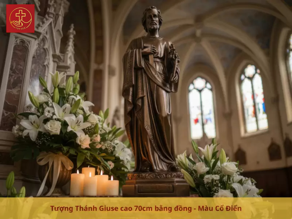 Tượng Thánh Giuse cao 70cm bằng đồng - Màu Cổ Điển