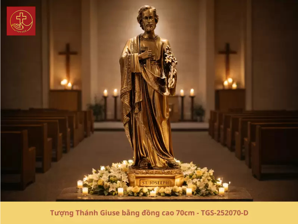 Tượng Thánh Giuse khổ lớn mang vẻ uy nghi trong không gian nhà thờ rộng lớn