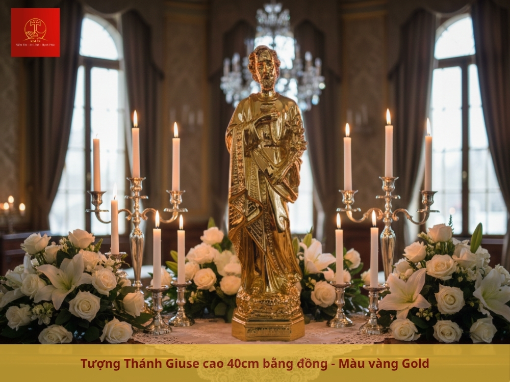 Tượng Thánh Giuse cao 40cm bằng đồng - Màu Cổ Điển