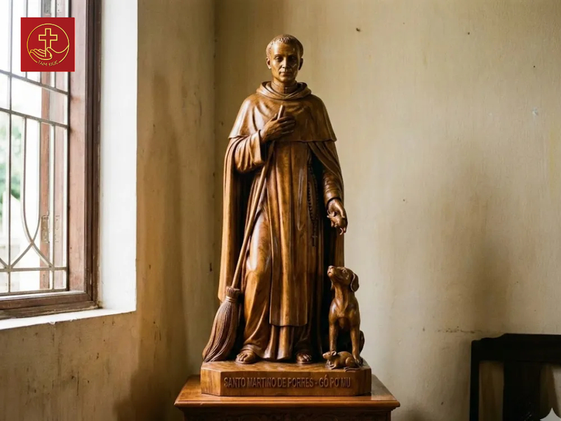 Tượng thánh Martino tay đặt lên ngực, tay cầm chổi, biểu tượng của đời sống khiêm nhường và phục vụ